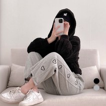 밀키버터 여성용 융털 기모 하트 스트링 트레이닝 팬츠