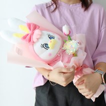 모리앤 조화 홀로그램 리코 후드 인형 꽃다발 40cm, 핑크