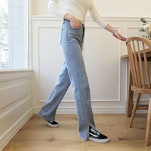 빼빼 여성용 아웃라인 슬릿 밑단트임 롱 일자 데님팬츠