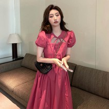 스몰 미듐 라지 엑스라지 드레스 리본 앞트임 퍼프 청순 핑크 화려 데이트 데일리 오피스 소개팅 룩 패션 10대 20대 30대 40대 모임 셔링 A라인 롱 스커트 치마