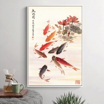 인테리어 고래 바다속 풍경 고래액자 액자 큰 벽 예술 그림 중국 전통 서예 그림 잉어 물고기 연꽃 캔버스 인쇄 거실 장식 프레임 없음, A2 42x60cm 프레임 없음