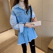 여자 롱 청 데님 남방 셔츠 프린트 원피스 롱티셔츠 여성 스티치 데님 셔츠 여성 초봄 한국어 복고풍 느슨한 디자인 블라우스 스트라이프 원시 가장자리