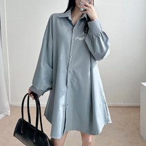 퍼니걸스 6814 오버핏 카라 셔츠 무지 소매 퍼프 긴팔 미니 원피스 여성의류