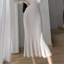 여성 면롱 흰색 원피스 머메이드 라인 밑단플레어 골지니트원피스