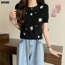 DFMEI 자수 비즈 플라워 니트 여 반팔 상의 여
