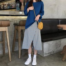 코지 여자 블루티셔츠 체크스커트 밴딩 베이직 데일리룩 코디세트
