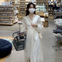 【연당월】포근한 브이넥 조임 슬림해 보이는 긴팔 원피스입니다제이코닉점프수트