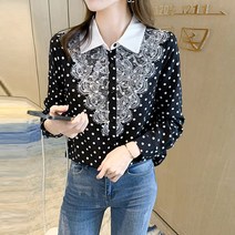 다이뻐 리틀깽스 빅사이즈 하객패션 데이트룩 화이트 배색 카라 부들부들 실키한 프렌치스타일 출근룩 레이스포인트 도트 블라우스