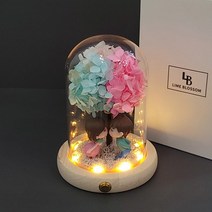 [라임블러썸]LED 캔디 수국 무드등 프리저브드 꽃부케 원목 유리돔