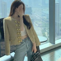 봄트위드자켓 흰색트위드자켓 노카라 트의드 사교계 스타일 레트로 더블 브레스트 가디건 긴 소매 아우터 웨어 탑 여성 가을 라운드 넥 다목적 트위드 코트