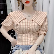 GX 여성 여름 퍼프 소매 조거 숏 체크 셔츠