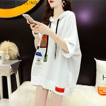 JUST FEEL!NG 박시한고 루즈한 여성 반팔 티셔츠 여름 빅사이즈 데일리 후드티셔츠 학생 하프티셔츠