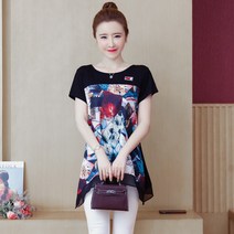 아사면 블라우스 빅사이즈 오버핏 루즈핏 인쇄 쉬폰 셔츠 반팔 숙녀 티셔츠 2021