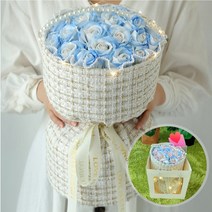 LED 비누꽃다발 장미 21송이 4종 축하선물 쇼핑백포함, 비누꽃다발 아이스블루+쇼핑백