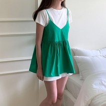 코튼 뷔스티에 끈나시 플레어 브이넥 블라우스