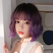 RENTIAN 가발 여성용 짧은 머리 둥근 얼굴 한국 잘 생긴 얼굴 푹신한 쇄골 머리 자연 얼굴 수리 우아한 짧은 곱슬 머리 옥수수 뜨거운, 초콜릿 얇은 포도 나무 혼합 라벤더 보라색