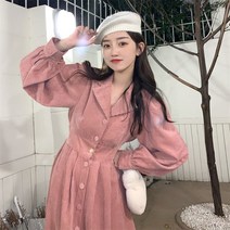 여성 코듀로이 롱 원피스 코듀이 긴팔 드레스 여성용 정장 라 겨울 고급 프렌치 미드 길