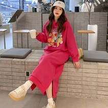 위위브렌 여성용 캐주얼 빅사이즈 긴팔 후드 롱원피스
