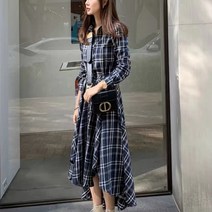 (아)빈티지 언발란스 체크 셔츠 원피스