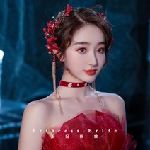 브라이덜샤워 만삭촬영 플라워 큐빅 리본 헤어장식 리마인드 웨딩머리띠 액세서리 럭셔리 소품 약혼, 레드 큐빅플라워맞핀+목걸이