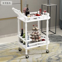 주방왜건 원목 다층 구루마 호텔 음식카트 가정용 손수레 이동식 사이드 카트 바퀴 수납 선반, 화이트 (메탈릭 러버 휠)
