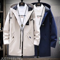 JUST FEEL!NG 긴팔 남성용 집업 후드 바람막이 점퍼 주머니 빅사이즈 심플 트렌치 코트 데일리룩