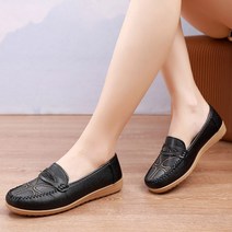 도오빠 래빈스 여성 가죽 단화 슬립온 로우힐 라운드토 스티치 자수 패턴 큐빅 부드러운 발편한 가벼운 무광 중년 여자단화