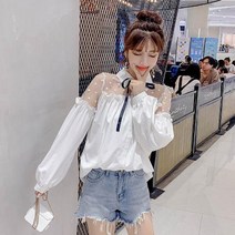 라오농 메쉬 스티칭 레이스 셔츠 여성의 봄과 가을 새로운 외국 스타일의 웨이브 포인트 코트 여성 디자인 느낌 작은 그룹 작은 셔츠 조수 +12Wwd8