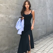 휴양지원피스 몰디브 동남아 신혼여행 비치드레스 셔링 여성 민소매 레트로 드로 스트링 블랙 스파게티