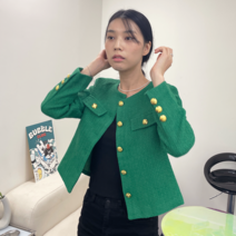 본헤르 기본 여성 트위드 가을 노카라 긴팔 라운드 자켓