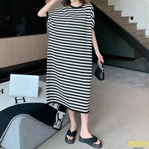 잇츠스타일 빅사이즈 캐주얼 루즈핏 스트라이프 티셔츠 롱원피스