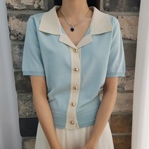상상그이상 여성용 로날 카라배색 반팔가디건 오픈 가능한 진주 단추버튼 늘어짐 없는 시보리 밑단 소프트 가디건 격식있는룩 스타일리쉬 간절기 니트