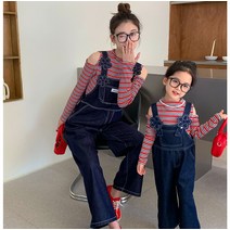 데님 멜빵 바지 티셔츠 세트 모녀룩 엄마랑 딸 커플룩 시밀러룩