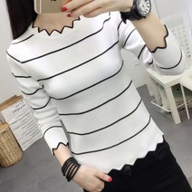 이노뱅크 가는 스트라이프 물결 끝단 긴팔 니트 INO490A