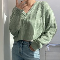 뜨개진 여성용 루즈핏 피셔 꽈배기 크롭 페트라 브이넥 니트