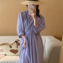 한국어 세련된 여름 우아한 토란 보라색 V 넥 크로스 느슨한 원피스 디자인 퍼프 슬리브 드레스 여성