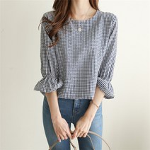 스타일아유 여성 고방체크블라우스 7부 셔링 라운드넥 벌룬 퍼프소매 썸머 시원한 데이트룩