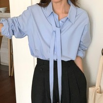 네모엔룩 여성용 타이코튼 분리형 리본장식 루즈핏 남방 카라넥 긴팔 셔츠 면 블라우스 (끈포함) NL
