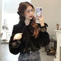 벨벳블라우스 리본 퍼프 타이 검정 가을 겨울 블라우스
