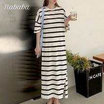 나바바 NO286 여성 캐주얼 심플 단가라 롱 반팔 원피스