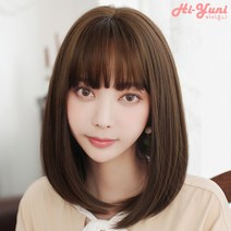 하이유니 중단발 허그 펌 헤어 단발 통가발 가발 45cm + 거치대 세트, 허니브라운 / 45cm