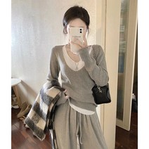 V넥 스웨터 가을 그레이 회색, 50-56KG 블랙