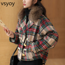 vsyoy 플러스 벨벳 패딩 체크 무늬 울 코트 여성의 짧은 2022 가을/겨울 새로운 조커 고치 작은 모직 코트