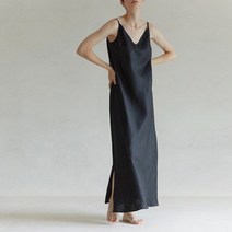 드레스 원피스 여성 봄 여름 레트로 100% 리넨 스트랩 민 오픈 사이드 롱 맥시 파티 클럽