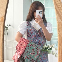마이룸엔 북유럽 바이올렛 플라워 꽃무늬 순면 원피스 주방 리본 고급 레이스 신혼 앞치마, 그린