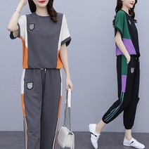 티티웍스 여자 가오리핏 배색 반팔 쿨 티셔츠 + 밴딩 조거 팬츠 트레이닝 세트
