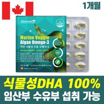 캐나다 완제품 비린내 없는 식물성 오메가3 식물성DHA 100% 임산부 수유부 섭취 가능 목넘김 쉬운 소형캡슐 비타민 D E 함유 중금속 검사 완료 혈행 건조한눈 개선, 1박스