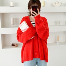 아모르데이 여성용 루즈핏 데일리 비비드 브이넥 니트 컴즈가디건