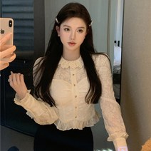 하유 레이스 카라 프릴 자수 공주풍 슬림 블라우스