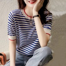 Makone여성용 반팔 티셔츠 티셔츠 프린트 티셔츠 슬림핏 티셔츠 여름 마린룩 스트라이프 라운드 반팔 커버 오버핏 날씬해 보이는 니트 티셔츠 여름